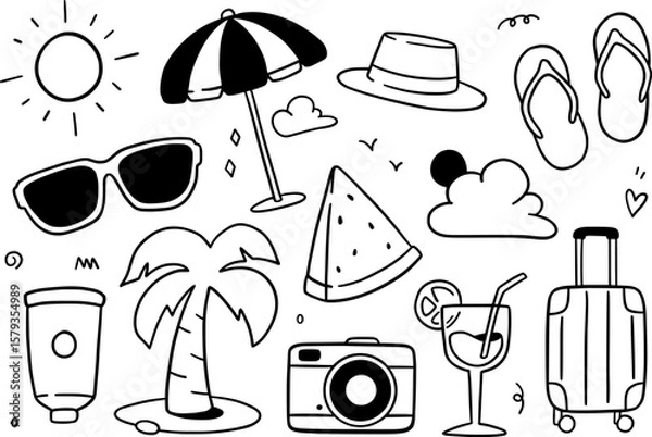Obraz Summer doodle background. Vector illustration. Travel vacation draw hand concept