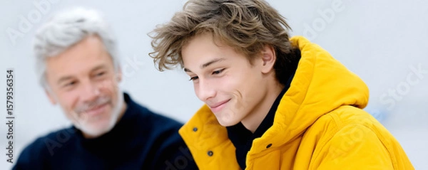Fototapeta Warm image showing intergenerational connection and mentorship. A smiling young man with a yellow jacket looks down, as an older man smiles in the background.