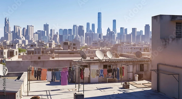 Fototapeta Urban rooftop with city skyline in the distance, laundry lines and satellite dishes, clear midday sky, shadows and heatwaves visible.