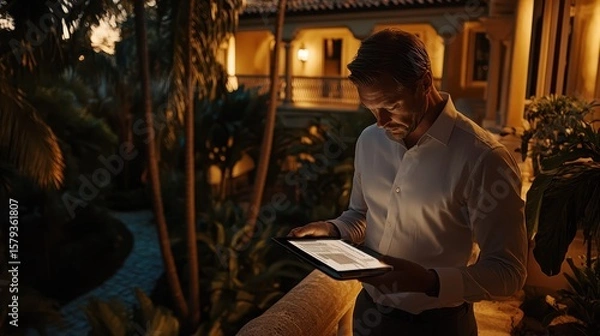 Fototapeta Businessman Analyzing Data on Digital Tablet in Luxurious Setting