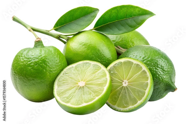 Fototapeta A cluster of fresh green limes, with two halves revealing their juicy interior, on a branch with leaves, isolated on white isolated on transparent background