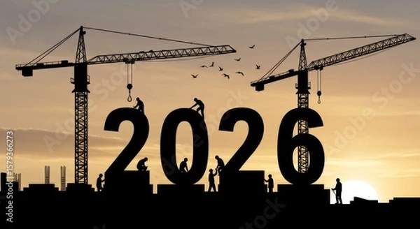 Fototapeta Construction Workers Building 2026 - Silhouetted construction workers build the numbers 2026 against a sunset backdrop, signifying new construction and development in the coming year