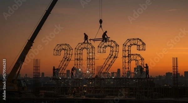 Fototapeta Construction Workers Building 2026 at Dusk - Teamwork, progress, construction, future, new year. Silhouetted workers build a large 2026 structure on a construction site at sunset