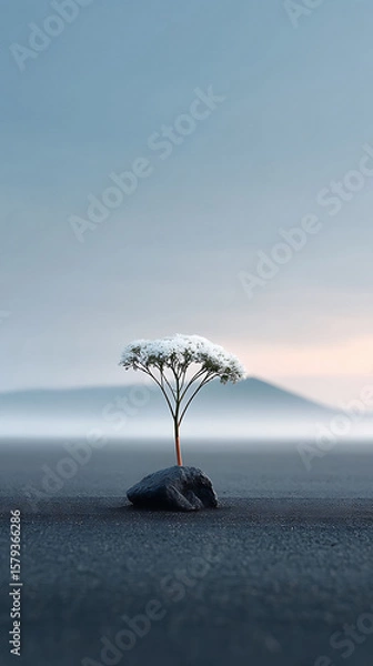 Fototapeta Minimalist landscape featuring a delicate white flower blooming from a rock, evoking themes of resilience, growth, and natures beauty. Ideal for inspirational content.