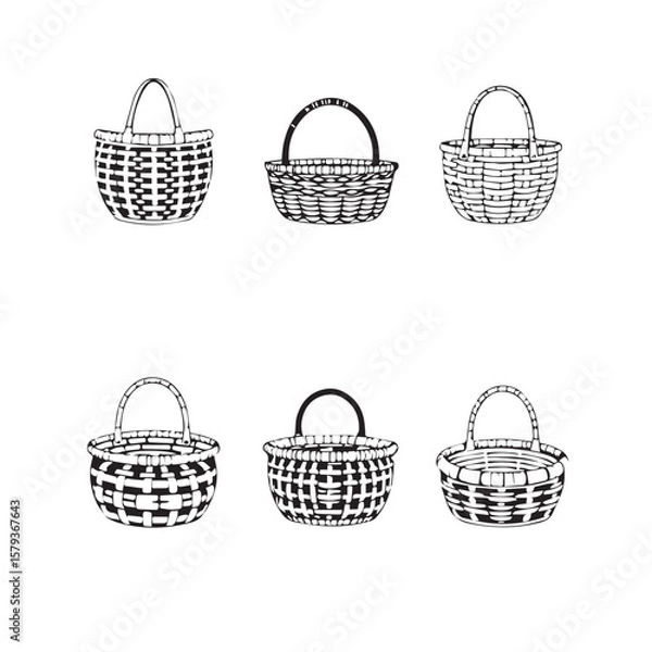 Obraz Collection of six hand drawn black and white wicker baskets with handles