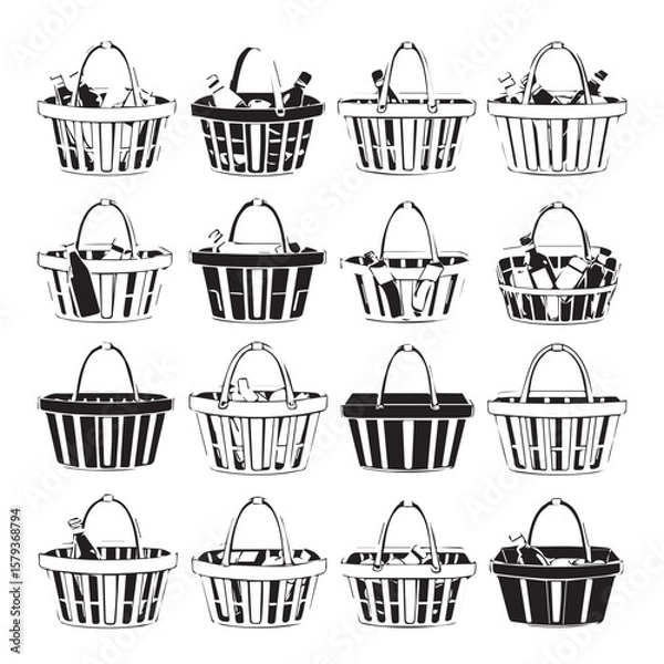 Obraz Collection of sixteen black and white shopping baskets filled with groceries