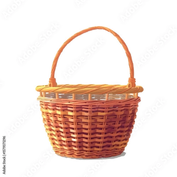Obraz Empty woven wicker basket with a twisted handle on a white background