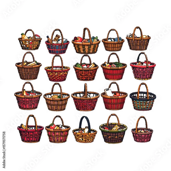 Obraz Collection of various woven baskets filled with food and items on a white background