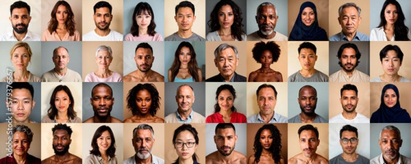 Fototapeta Diverse expressions of humanity captured in a harmonious collage of faces showcasing unity and individuality from various cultures