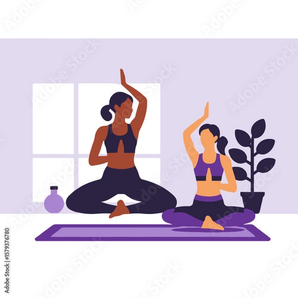 Obraz Yoga Practice for Wellness-Two Women in Meditation Pose-Find Inner Peace-Mindful Living-Health and Fitness-Home Workout Routine-Yoga for Beginners-Stress Relief