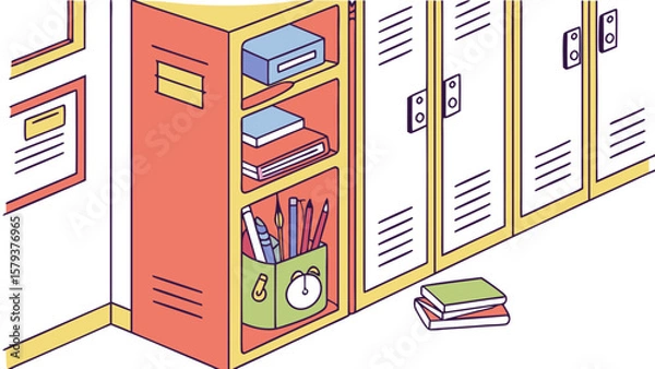 Fototapeta A vibrant isometric illustration of a school hallway featuring colorful lockers with books and art supplies neatly organized within an open locker compartment