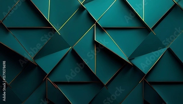 Fototapeta Abstract teal triangle background with golden lines, Geometric design with depth and luxury touches