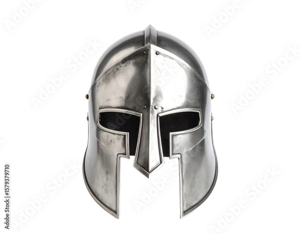 Fototapeta Front view of ancient iron spartan helmet isolated on white studio background. Medieval armor, archeological souvenir from past times, metal tough head protective clothes.