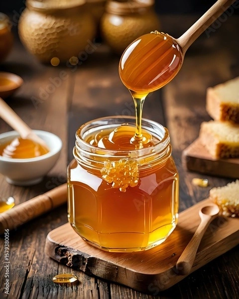 Fototapeta Golden honey pours from a wooden dipper into a glass jar, showcasing its rich texture.