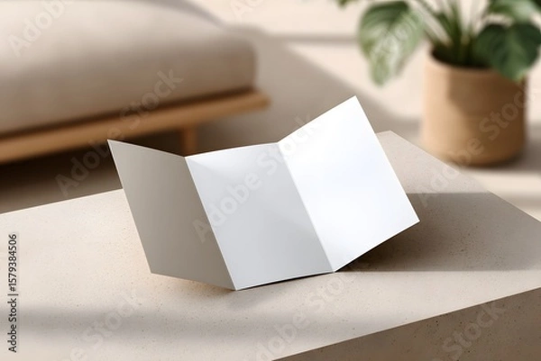 Fototapeta Mockup photo of a blank brochure on minimalist table indoor natural light professional presentation
