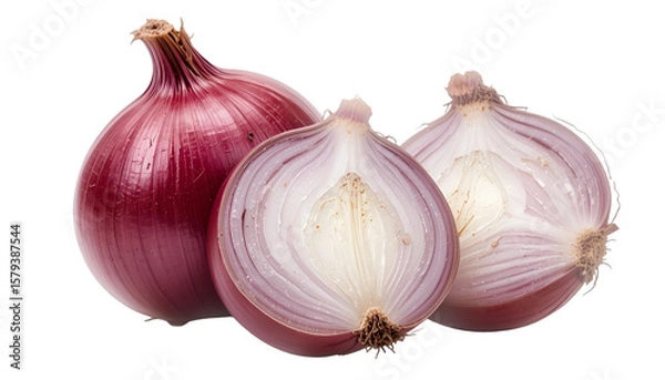 Fototapeta Fresh red onions, one whole and one halved, showcase their vibrant color and texture isolated on transparent background