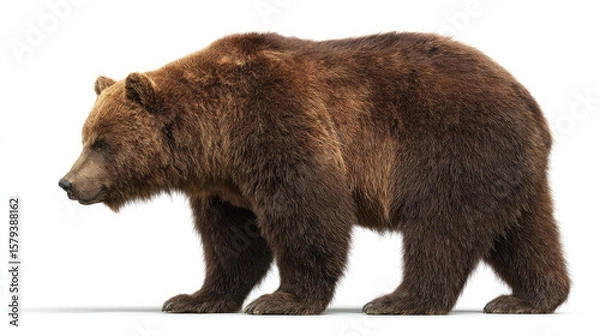 Fototapeta A brown bear standing on a white background in a side profile view looking to the left side