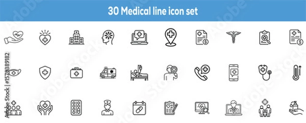 Fototapeta Collection of thirty medical line icons representing various healthcare related concepts such as ambulance hospital doctor appointment and online medical services vector illustration