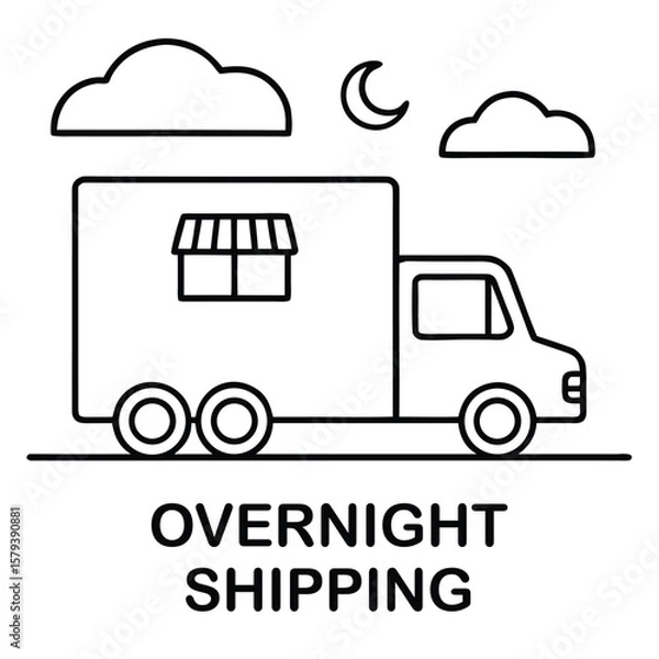 Fototapeta Black and white line art illustration of a delivery truck with clouds moon and overnight shipping text