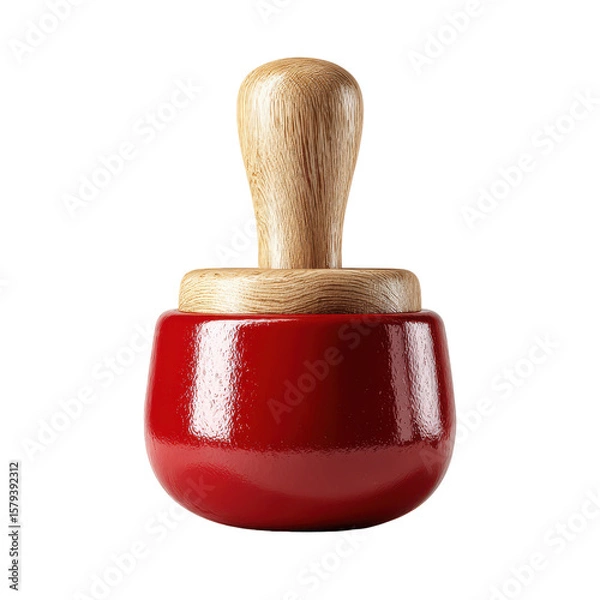 Fototapeta Red Wooden Mortar and Pestle: A close-up shot of a vibrant red wooden mortar and pestle, embodying a seamless blend of functionality and artistry for culinary enthusiasts and designers alike.