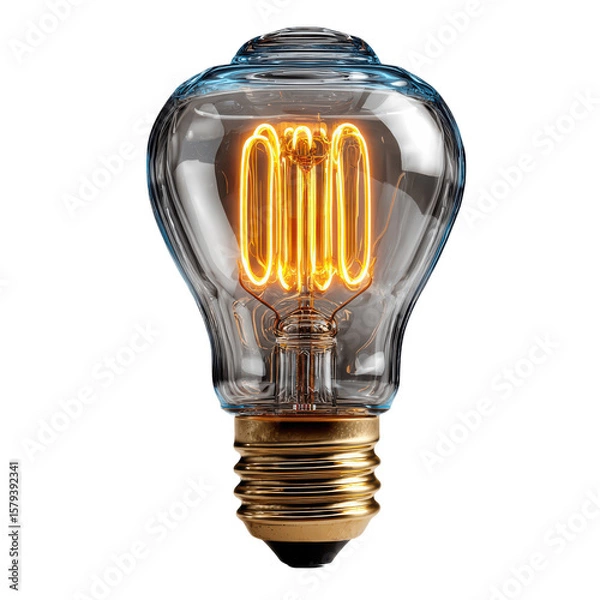 Fototapeta Vintage Edison Bulb: A stylish vintage-style Edison light bulb with a clear glass and a warm, glowing filament. The bulb has a unique teardrop shape and a light blue tinted glass.