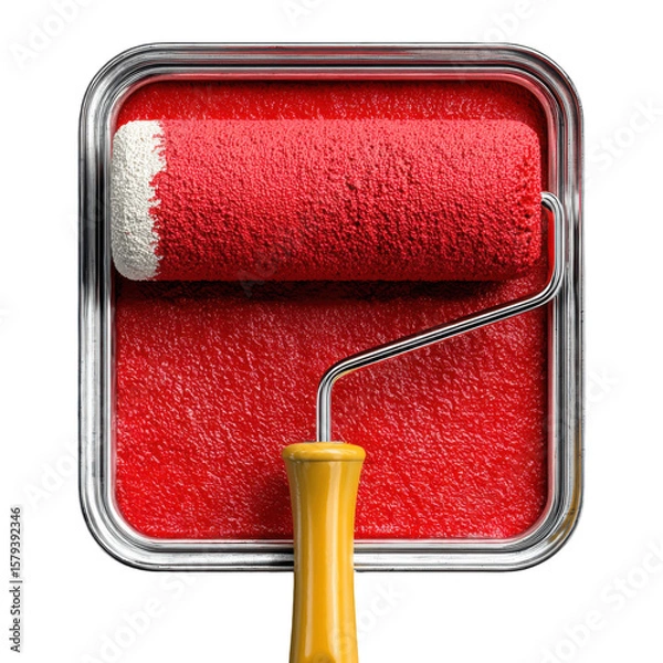Fototapeta Red Paint Roller's Bold Mark: A vibrant image of a paint roller in action, fully immersed in a pool of rich red paint, creating a visual symphony of color and texture.