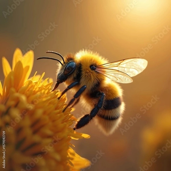 Fototapeta Fluffy bumblebee collects pollen from yellow flower in macro shot. Bee pollinates plants, natural habitat. Bumblebee insect, spring season, nature, wildlife, summer, floral. Perfect for eco designs,