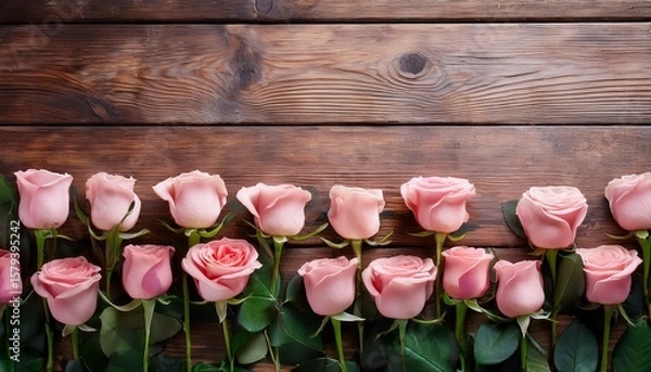 Fototapeta delicate pink roses arranged in a line against weathered wooden planks with green leaves creating an elegant floral composition