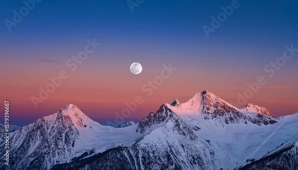 Fototapeta phases of the moon over majestic snowy mountains at twilight with a colorful sky in the background