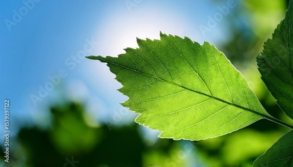 Fototapeta single vibrant green leaf stands out against soft focus background of other leaves clear blue sky its detailed veins serrated edges highlighted by sunlight