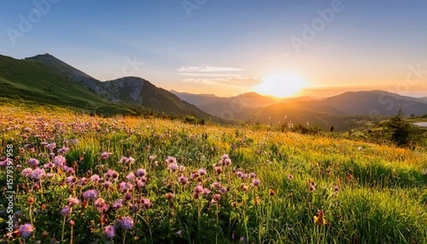Fototapeta warm sunset casting golden light over vibrant wildflowers in lush green meadow with soft shadows and serene mountain backdrop creating tranquil and picturesque scene