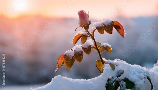Fototapeta winter remains on leaves as snow blankets a delicate rose plant in a serene landscape