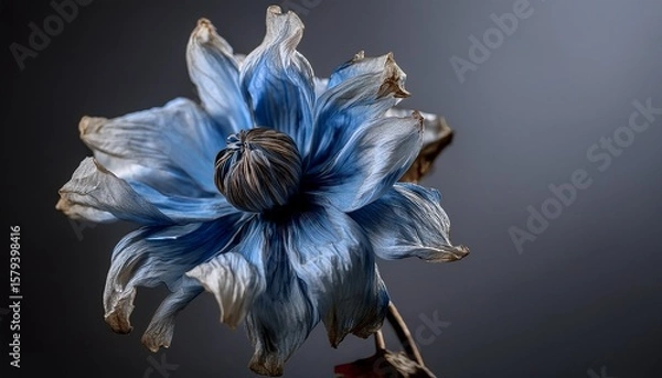 Fototapeta a close up shot of a wilted grey blue flower its petals drooping and losing their vibrant color symbolizing failure and decay the background is a muted somber tone grey defeat
