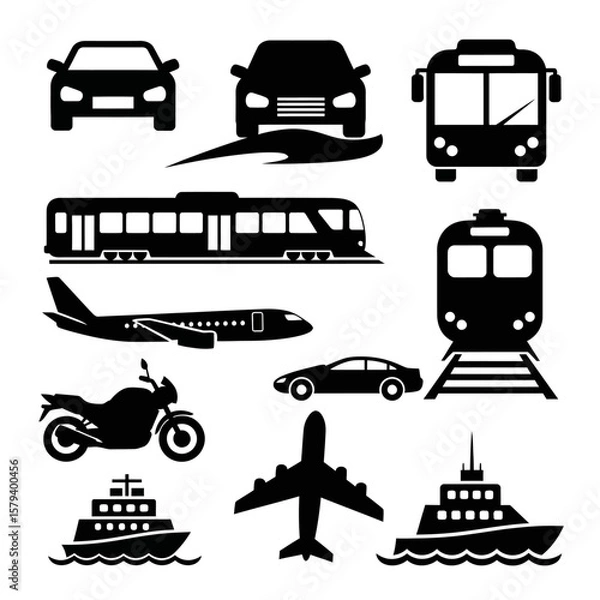 Fototapeta Various modes of transportation are depicted in black silhouettes