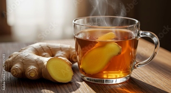 Fototapeta Warm Ginger Tea and Root on Wooden Table - A steaming cup of ginger tea sits beside a fresh piece of ginger root on a rustic wooden surface.
