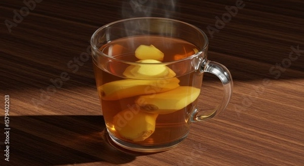 Fototapeta Warm Ginger Tea in Glass Mug - Steaming mug of ginger tea with visible ginger pieces, sitting on a dark wood surface. Perfect for autumn or winter wellness themes