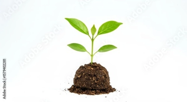 Fototapeta Young Plant Sprout on White Background - A small plant seedling emerges from soil, symbolizing growth, new beginnings, nature, resilience, and potential