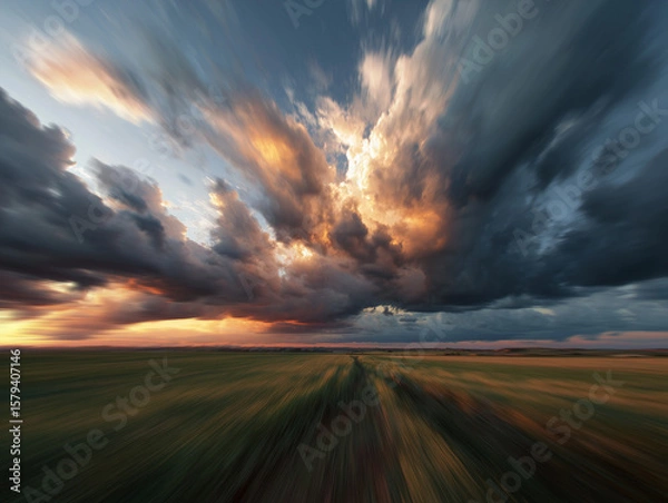 Fototapeta Time-lapse sky with moving clouds over field