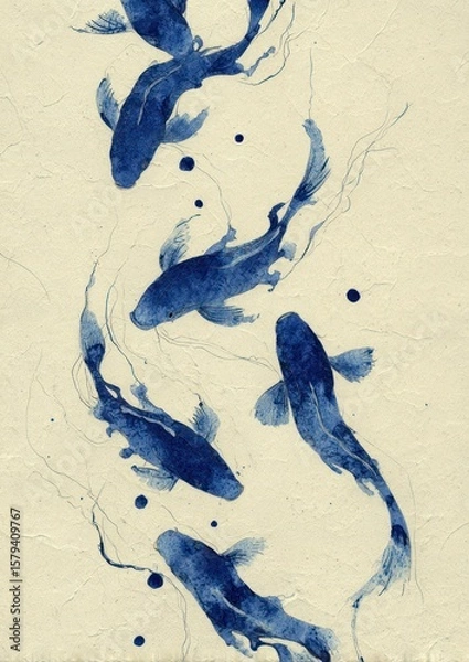 Fototapeta Artistic depiction of indigo aquatic creatures gracefully swimming within an abstract environment