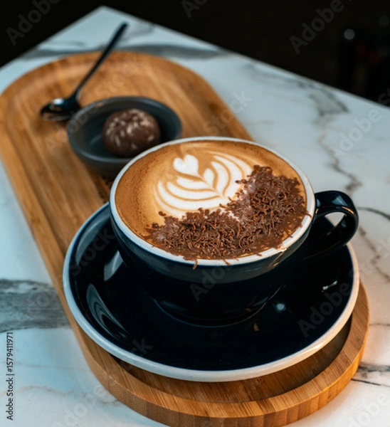 Fototapeta Delicious mocha coffee with heart shaped latte art and chocolate shavings. Served on a wooden tray with truffle and spoon. Ideal for cafes, coffee brands, dessert promotions, and food blogs.