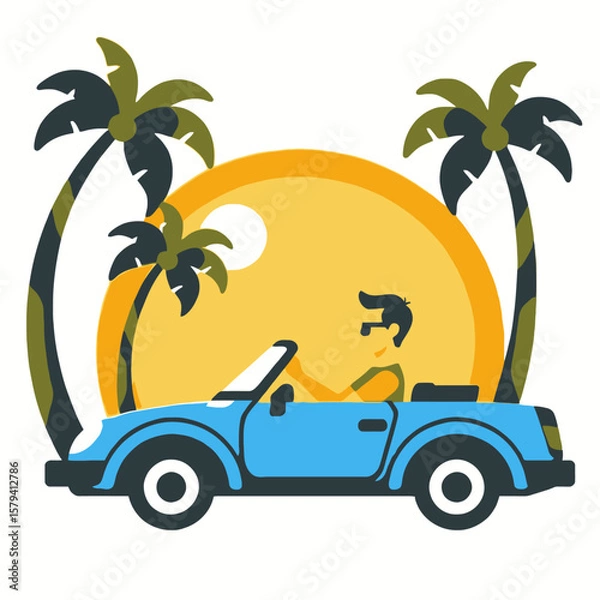 Obraz Tropical Getaway Illustration-Man Driving Blue Convertible-Palm Trees and Sunset-Ideal for Summer Travel-Vacation Vibes-Automotive and Leisure Design