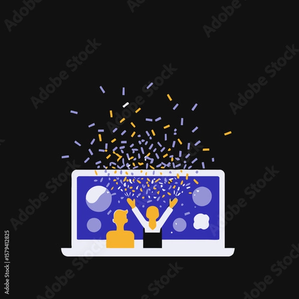 Fototapeta Virtual Celebration Illustration - Online Event Success - Confetti Party on Laptop - Remote Team Achievement - Digital Congrats