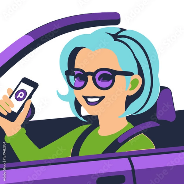 Fototapeta Woman Driver Using Phone in Car-Cartoon Girl with Blue Hair and Sunglasses Texting While Driving-Safe Driving Awareness-Avoid Distracted Driving Campaign