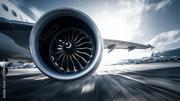 Fototapeta Powerful close-up of jet engine, intricate turbine blades as they prepare for takeoff. Jet engine engineering marvel of modern aviation and raw energy behind every flight. Travel and aviation concept