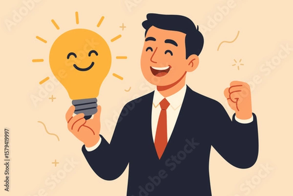 Obraz Positive thinking optimistic mindset success at work concept. Happy businessman in suit holding smiling lightbulb symbolizing creative idea, motivation, problem solving, achievement