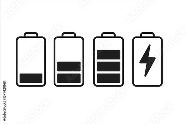 Fototapeta Battery charge level indicator icons set. Mobile phone interface symbol. Full, low power energy status. Charging accumulator sign. UI, UX web element. Vector graphic design.