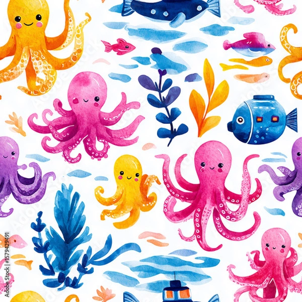 Obraz Vibrant underwater scene with colorful octopuses and marine life