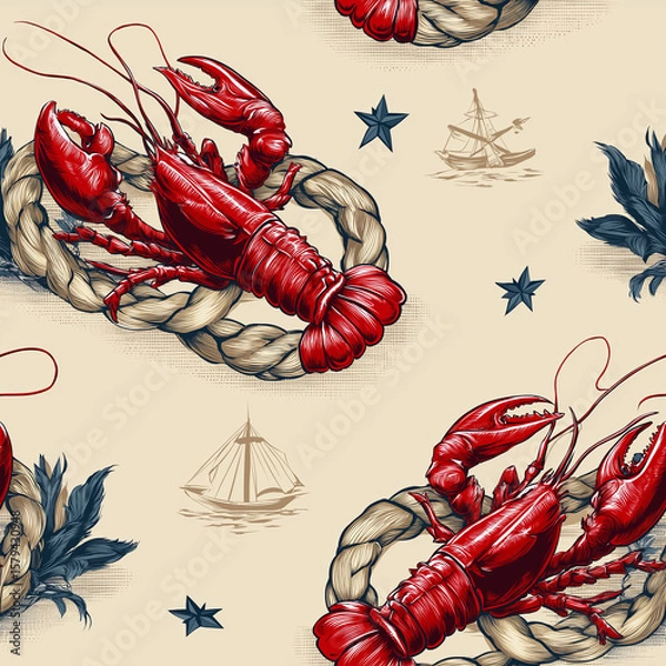 Obraz Nautical themed pattern with lobsters, ropes, and ships