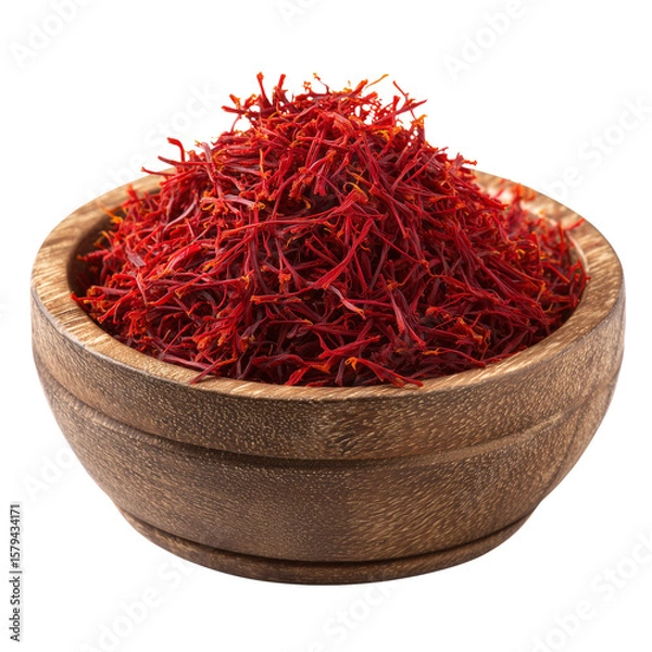 Fototapeta Saffron Threads in a Wooden Bowl, Isolated on a Plain Background, High Quality Spice