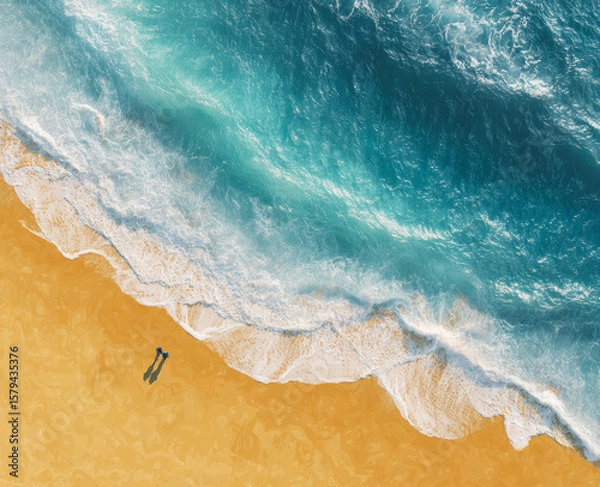 Fototapeta Aerial view of the beach with waves and sand. Bright ocean beach and water.